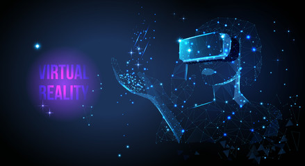 Virtual reality low poly illustration. Girl wearing virtual reality glasses. Abstract vr world with wireframe glasses.  