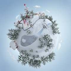 3d illustration of the Christmas planet with Christmas tree and christmas presents near the frosty road. Creative christmas background isolated on black Cartoon baby planet.