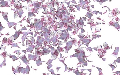 Flying euro banknotes isolated on a white background. Money is flying in the air. 500 EURO in color. 3D illustration