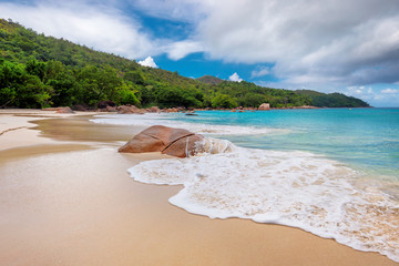 Beautiful Anse Lazio tropical beach at Praslin island, Seychelles island.  - obrazy, fototapety, plakaty