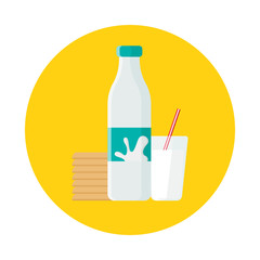 Milk in bottle, glass of milk and cookies isolated on yellow background. Vector illustration for banners, posters and restaurant menu.