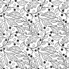 Seamless pattern. Pattern with leaves and berries. Hand drawn stylized elements. Decorative background for greeting cards, prints, flyer and so much more.
