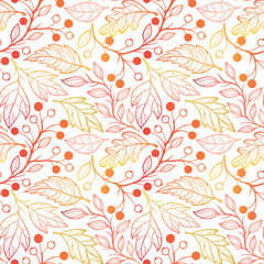 Seamless pattern. Bright pattern with leaves and berries in fall color. Beautiful hand drawn vector elements. Decorative background for greeting cards, prints, flyer and so much more.