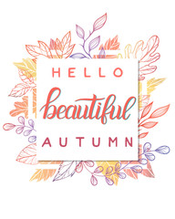 Hand painted lettering with stylized leaves in fall colors. Design for sale and special offer. Bright handwritten typographic poster. Beautiful template for cards, prints and so much more