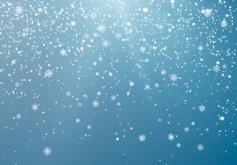 Seasonal Winter Holiday Snowfall. Festiveal Snowfall on Blue Sky. White Snowflakes Fall. Frost Snow and Sunshine. Vector Illustration Isolated on Blue Background