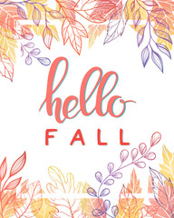 Hand painted lettering with stylized leaves in fall colors. Design for sale and special offer. Bright handwritten typographic poster. Beautiful template for cards, prints and so much more.