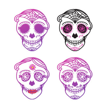 Set Old Catrina woman and man with make up of sugar skull. Dia de los muertos. Mexican Day of the dead. Vector illustration hand drawing
