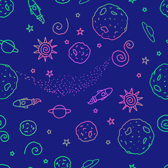 Doodle seamless pattern. Bright color space. Vector illustration. Planets, UFO, rocket, stars isolated on a blue background.