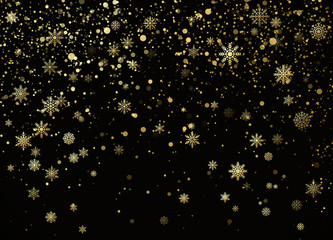 Falling Golden Snowflakes isolated on darck background. New Year nad Christmas decorative pattern. Vector illustration