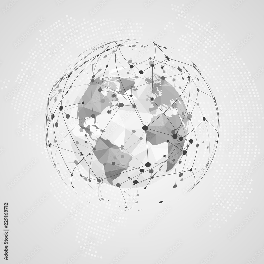 Poster Global network connection. Abstract Digital Big Data Texture. Polygonal World map point and line composition. Concept of global business. Vector Illustration