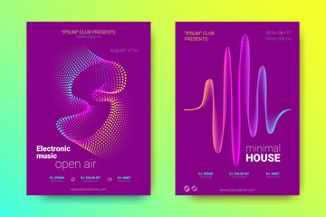 Music Posters Set with Wave Lines and Distortion.