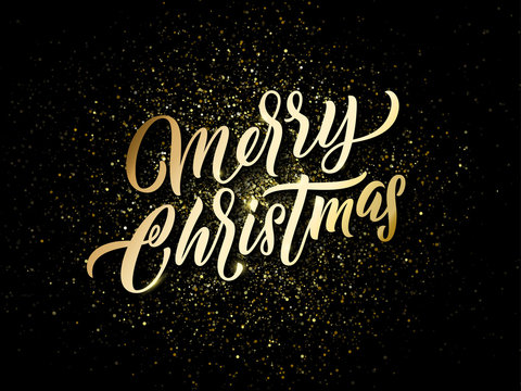 Merry Christmas golden light sparkles and gold calligraphy lettering. Vector Xmas holiday golden glitter of Christmas confetti