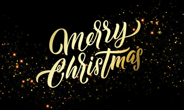 Christmas golden light sparkles and gold calligraphy lettering. Xmas holiday golden glitter light blurs, Merry Christmas vector greeting card