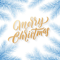 Gold Merry Christmas text on snow background. Snowed blue Christmas trees branches, vector golden Xmas holiday calligrpahy