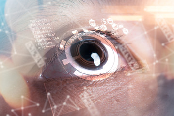 The double exposure image of the businessman's eye overlay with futuristic hologram. The concept of modern life, futuristic, technology, iris scanner and internet of things.