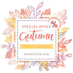 Obraz premium Autumn special offer banner.Hand drawn lettering autumn with leaves in fall colors.Sale season card perfect for prints, flyers,banners, promotion,special offer and more. Vector autumn promotion.