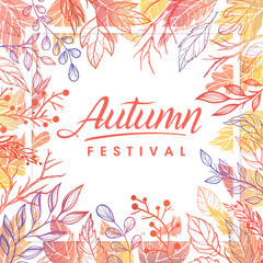Autumn time.Hand drawn lettering with leaves in fall colors.Seasons greetings card perfect for prints, flyers, banners,invitations, special offer and more.Vector autumn illustration.