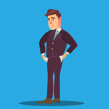 Businessman With No Money, Empty Pockets Turned Out Vector. Isolated Illustration