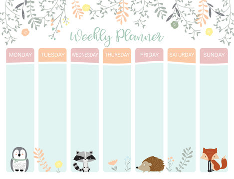 Pastel weekly calendar planner with penguin,flower,fox and porcupine
