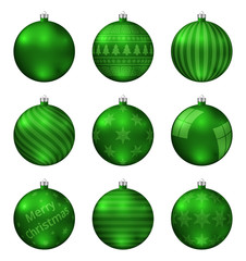 Green christmas balls isolated on white background. Photorealistic high quality vector set of christmas baubles. Different pattern.