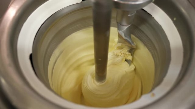 Ice cream preparation with different tools, ingredients, and machines