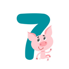 Number seven with cute cartoon pig isolated on white.