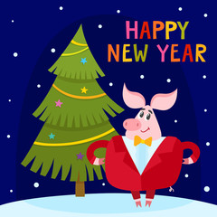 Cute cartoon greeting card pig with christmas tree.