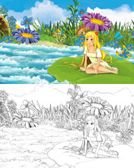 Obraz na płótnie Canvas cartoon scene with beautiful tiny elf girl on the big leaf sailing in the stream - with coloring page - creative illustration for children