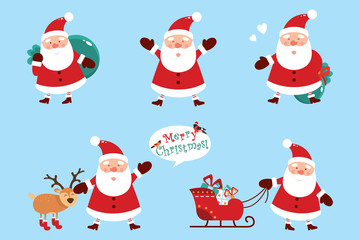 Set of Santa Clauses with gifts on a blue background. Vector illustration