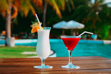 Two cocktails on luxury beach resort,luxury travel