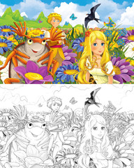 cartoon scene with beautiful tiny elf girl on the meadow talking to dumbledore bug cuckoo bird flying over - with coloring page - creative illustration for children