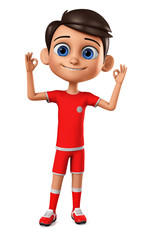 Cartoon character for advertising. Boy player in red uniform shows okay on a white background. 3d render illustration.