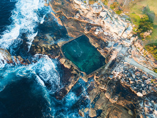 Aerial view of empty rock pool in the coastline. Maroubra, Sydney, Australia