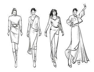 Sketch. Fashion Girls on a white background. Vector illustration