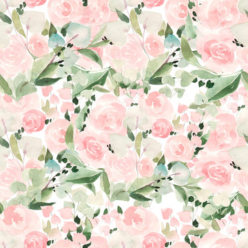 Beautiful bright watercolor pattern with roses and leaves. 