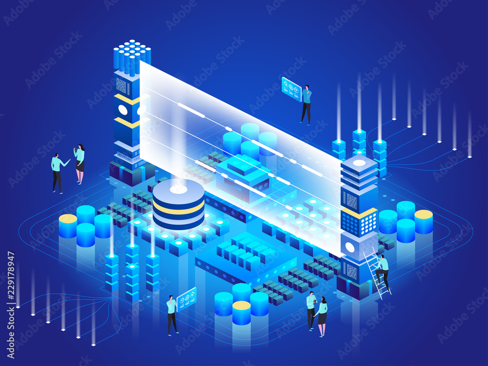 Poster isometric technology concept. database network management. big data processing