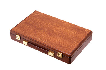 wooden brown box with a handle and gold locks isolated on white