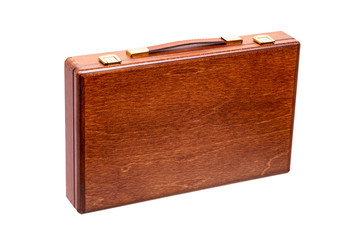 wooden brown box with a handle and gold locks isolated on white