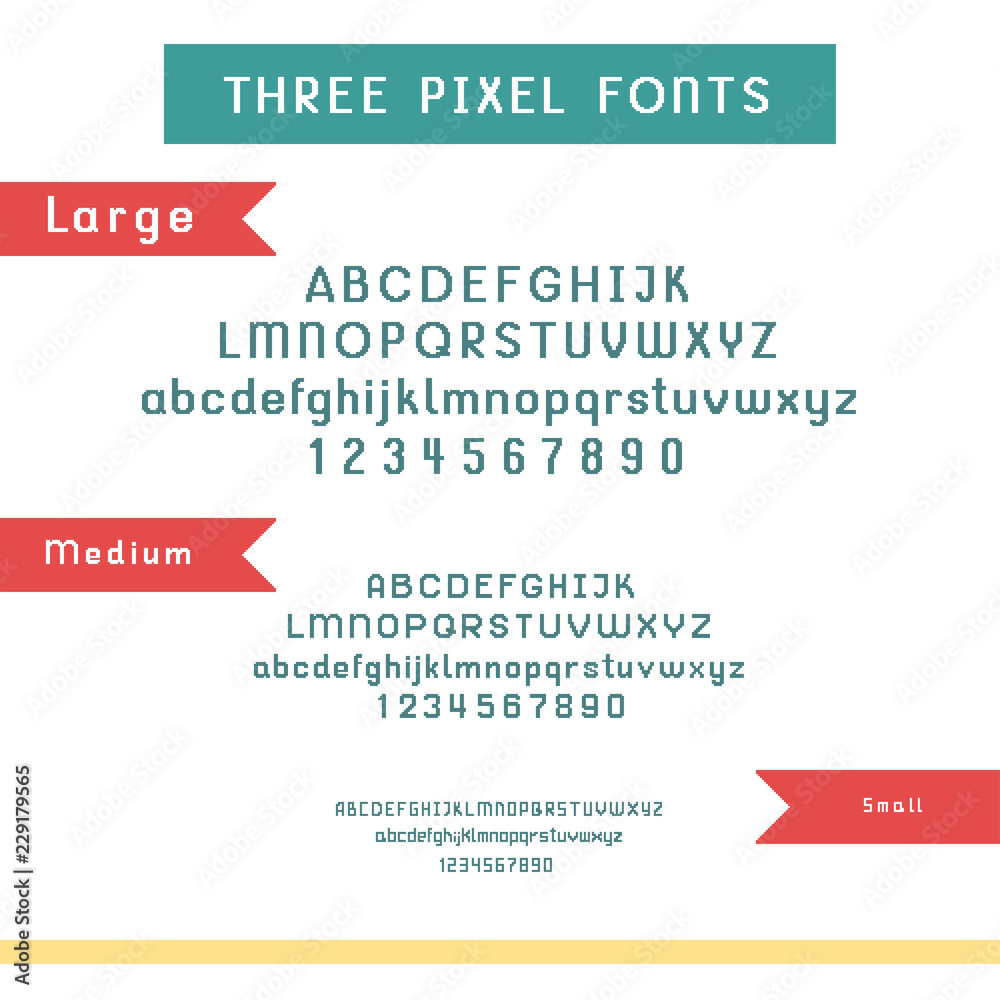 Fototapete vector set of pixel fonts – large, medium and small alphabet and numbers. isolated on white