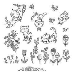 Hand drawn playful kittens with birds, butterfly, flowers isolated on white background
