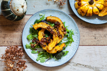 Roast pumpkin with sun dried tomato pesto and salad
