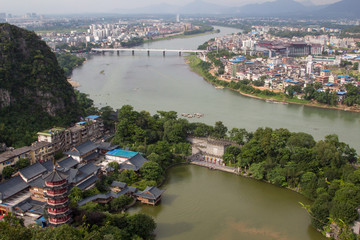 Fototapeta premium Aerial View of Guilin Town from Diecai Hill, Yangshuo China