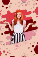 Obraz na płótnie Canvas Positive and emotional. Appealing beaming red-haired girl standing near colorful graphic ground feeling extremely positive and emotional