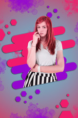 Angry after conflict. Red-haired girl portrayed near colorful background feeling quite angry after serious conflict with her boyfriend