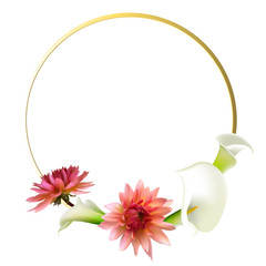 Floral background. Callas. Dahlia. Flowers. Pink. Petals. Border. Flower pattern. White. Bouquet. Gold ring.