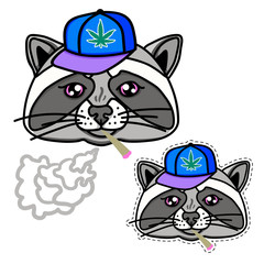 Raccoon boy dressed up in cool hip hop style. Image for print on T-shirts and other souvenir products. Cap and cigarette smokes. Hand drawn illustration isolated on white background.