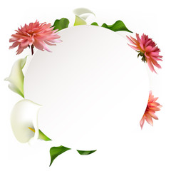 Floral background. Callas. Dahlia. Flowers. Pink. Petals. Frame. Green leaves. Flower pattern. White.