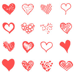 Vector red doodle heart set