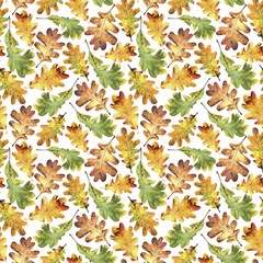 Seamless pattern with autumn yellow  leaves of oak. Hand drawn illustration with colored pencils. Botanical natural design for textiles, interior or some background.