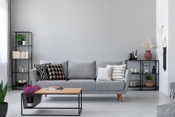 Copy space on the wall of scandinavian living room with modern couch, metal shelves and industrial...